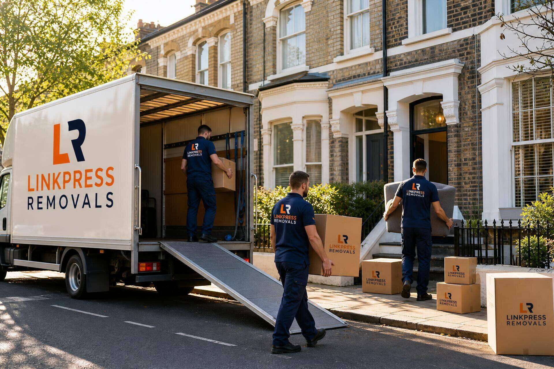 Professional movers loading a Linkpress Removals truck outside a UK home