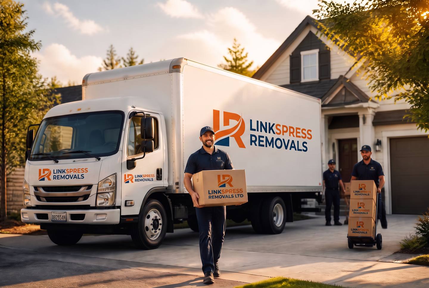 Professional movers loading a Linkspress Removals truck outside a UK home